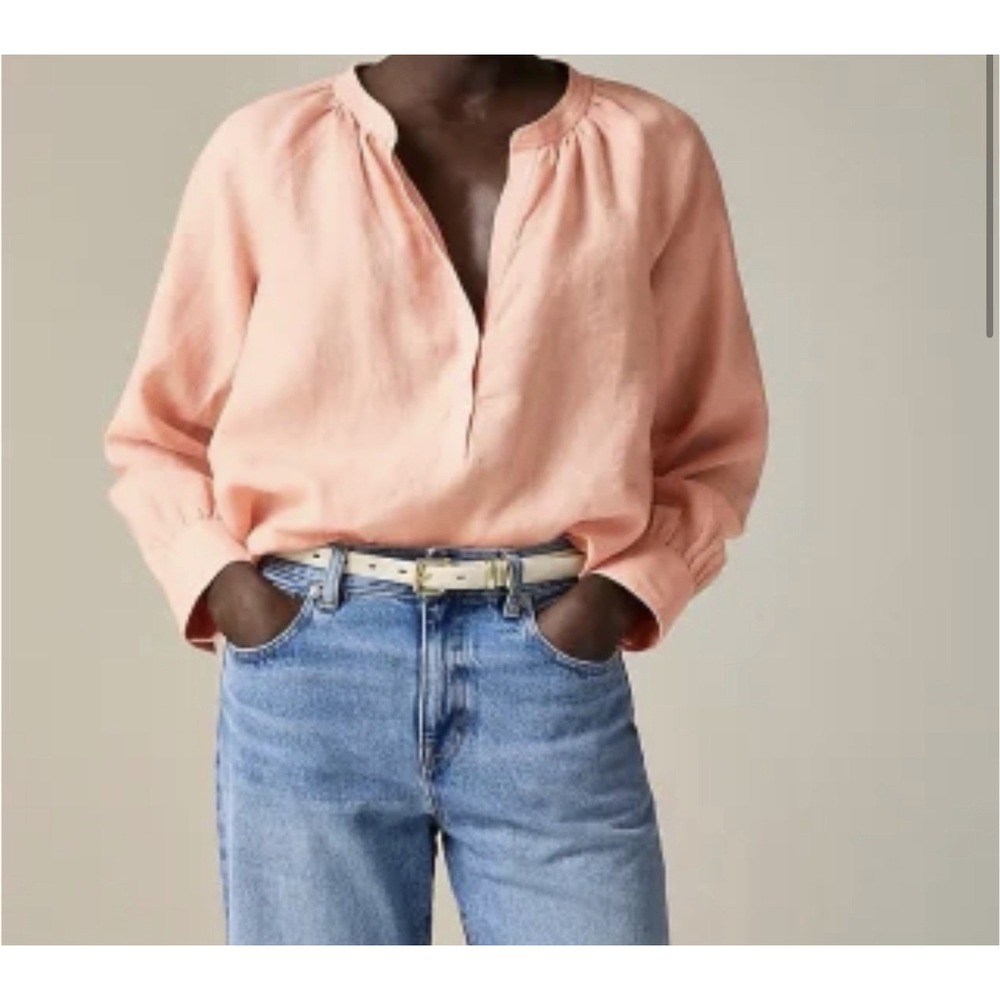 J.Crew Sz Small Cabana Top Blouse 100% Linen Peach Button-up Peasant Blouse NEW